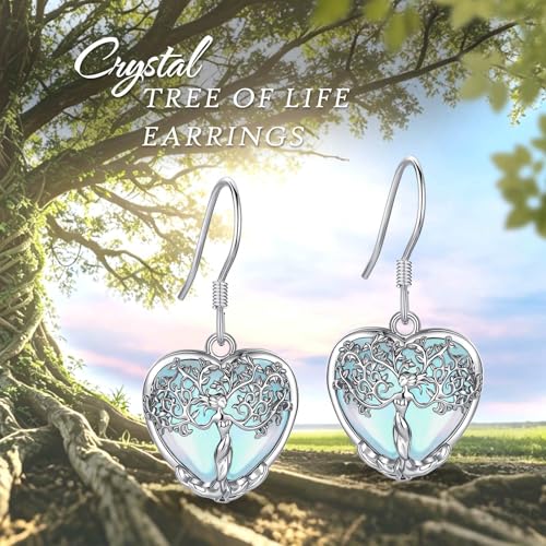 AEONSLOVE Tree of Life Crystal Earrings with Sterling Silver Ear Hooks, Dangle Drop Tree Earrings Gifts for Women - style: A01-Moonstone-Heart
