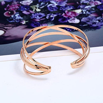 Boho Chunky Cuff Bracelet for Women,Gold/Silver/Rose gold Multi-layer Cross Wire Bangle Bracelets Open Adjustable Wide Cuff Bracelet Fashion Statement Jewelry - color: Rose gold