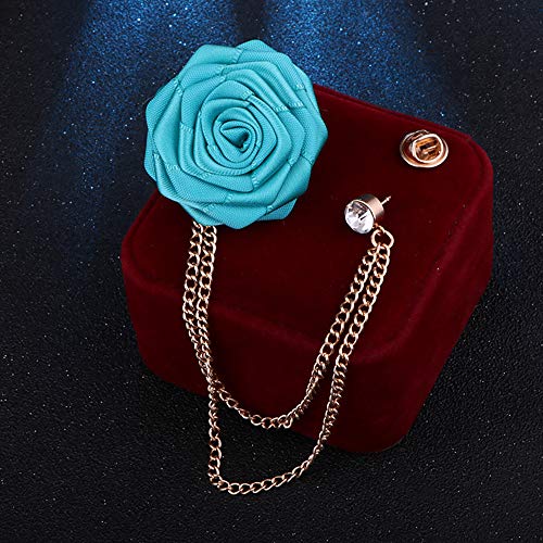 Fashion Bridegroom Wedding Brooches Cloth Art Hand-Made Rose Flower Brooch Lapel Pin Badge Tassel Chain Men's Suit Accessories - color: Peacock blue