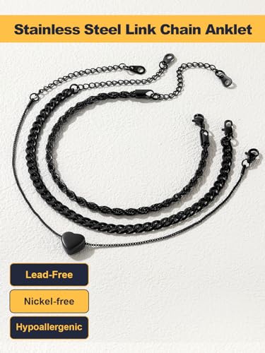 U7 2Pcs/3Pcs Ankle Bracelets for Women, Stainless Steel Cuban Link/Figaro/Rope/Heart Chain Anklets Sets,Waterproof Layered Anklets Adjustable 8.5"-10.5" - color: 04. 3Pcs Style B-Black