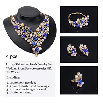 Womens Luxury Africa Dubai 18k Gold Plated Jewelry Sets Wedding Rhinestone Crystal Bib Statement Necklace Earrings Set for Brides Party Prom - color: Luxurious Pearl Crystal Jewelry Set