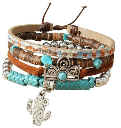 LOTSOF Western Turquoise Beaded Bracelet, Chic Stack Beaded Western Style for Country Concerts, Cowgirl Outfits & Boho Jewelry - color: Cactus 4-piece set