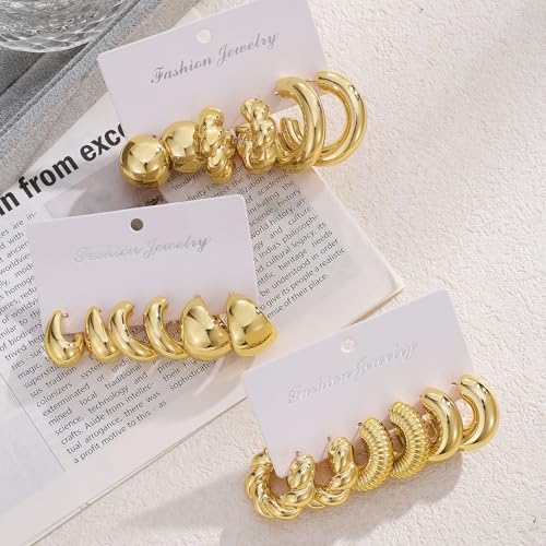 IFKM 24 Pairs Gold Hoop Earrings Set for Women Hypoallergenic Chunky Chain Twisted Open Hoops Dangle Earring Packs for Birthday Party Christmas Fashion Jewelry Gift - color: 9 Pairs Gold