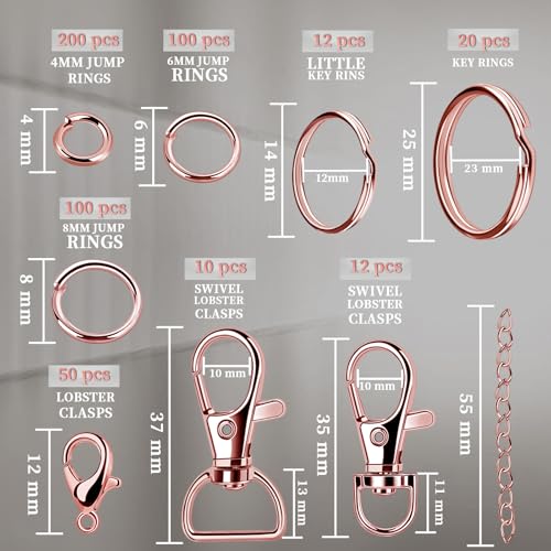 Teenitor 524PCS Key Chain Making Kit, Keychain Making Supplies Rose Gold Keychain Craft Supplies Key Chain Clips, Key Rings and Jump Rings for Jewelry Lanyard - color: Rose Gold