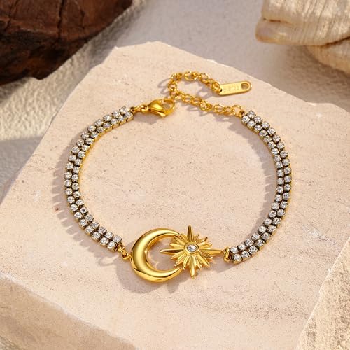 CTRLZTEAM 14K 18K Gold Plated Layered Bracelets for Women Stacked Bracelet | 14K 18K gold plated multi layer bracelets combine distinct chains with single clasp for instant pre-stacked style - style: Celestial Sun and Moon Double Row Zirconia