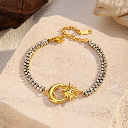 CTRLZTEAM 14K 18K Gold Plated Layered Bracelets for Women Stacked Bracelet | 14K 18K gold plated multi layer bracelets combine distinct chains with single clasp for instant pre-stacked style - style: Celestial Sun and Moon Double Row Zirconia