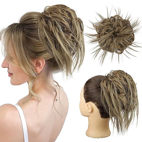 HMD Tousled Updo Messy Bun Hairpiece Hair Extension Ponytail for Women | Synthetic Hair Bun Extension with Elastic Rubber Band, Tousled Updo Messy Bun Hairpiece for Ponytail Styles Daily Party - color: Ash Blonde & Ash Medium brown