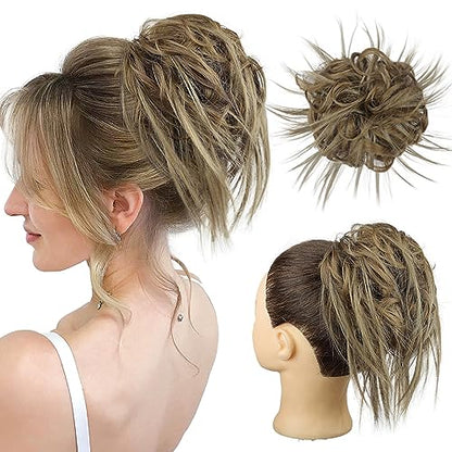 HMD Tousled Updo Messy Bun Hairpiece Hair Extension Ponytail for Women | Synthetic Hair Bun Extension with Elastic Rubber Band, Tousled Updo Messy Bun Hairpiece for Ponytail Styles Daily Party - color: Ash Blonde & Ash Medium brown