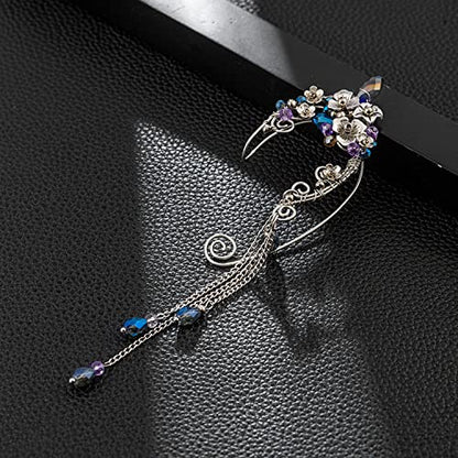 Elf Ear Cuffs, OwMell Handcraft Silver Pointed Fairy Elven Cosplay Fantasy Costume Bridal Wedding Earrings for Non Pierced Ears - style: Bule Tassel