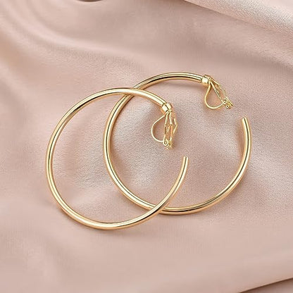 YOQUCOL 5CM(2.0IN) Golden Swingable Clip On Hoop Earrings for Women Non Pierced Ears Hoop Earrings - color: A