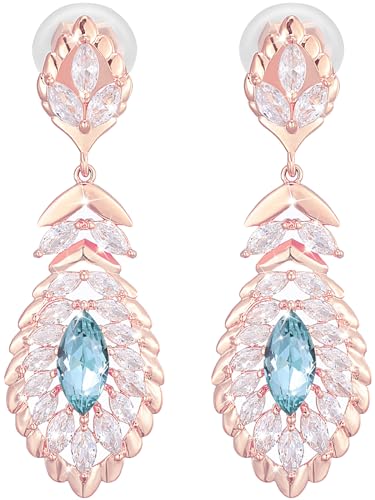 Clip On Crystal Dangle Non Pierced Earrings for Women 14K Gold Plated Jewelry - color: Mar-Aquamarine-Rose Gold