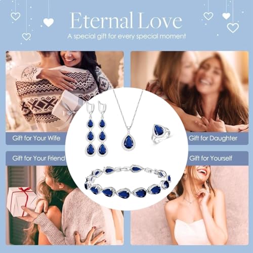 LMXXVJ Necklace Long Earrings Bracelet Set, White Gold Plated Created Blue Sapphire Jewelry Set Wedding Party Gift Jewelry for Women Bridal Bridesmaid - color: White Gold-Blue Ring