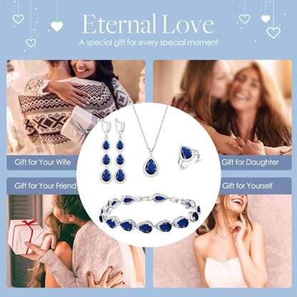 LMXXVJ Necklace Long Earrings Bracelet Set, White Gold Plated Created Blue Sapphire Jewelry Set Wedding Party Gift Jewelry for Women Bridal Bridesmaid - color: White Gold-Blue Ring