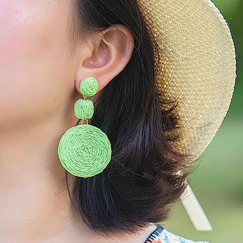 Statement Raffia Boho Round Dangle Ball Earrings - Cute Handmade Summer Bohemian Dangling Jewelry for Women - color: Lime Green