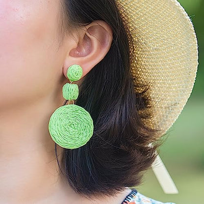 Statement Raffia Boho Round Dangle Ball Earrings - Cute Handmade Summer Bohemian Dangling Jewelry for Women - color: Lime Green