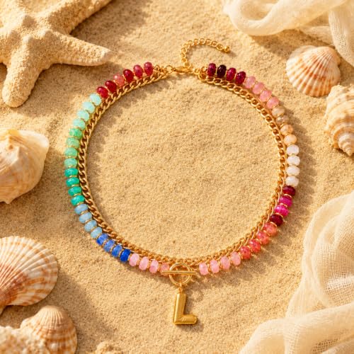 Colorful Beaded Bubble Letter Necklace For Women, Boho Double Layer Dopamine Rainbow Resin Beads Thick Cuban Chain Chunky With Initials Pendant Necklaces Summer Beach Jewelry Gift ﻿ - color: Dop L