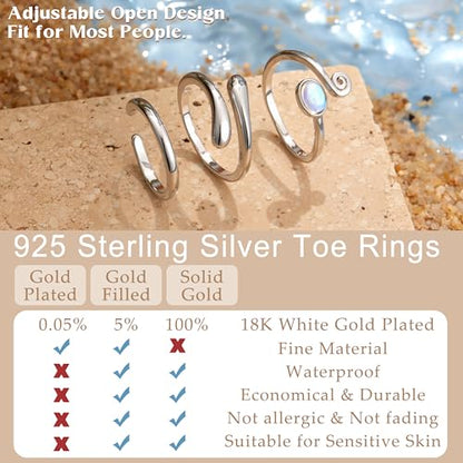MILACOLATO 3pcs Toe Rings Set Solid 925 Sterling Silver Open Band Rings Comfort-Fit Adjustable Toe Rings for Women Turquoise Moonstone Summer Barefoot Jewelry