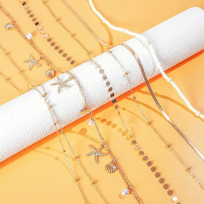 NEWITIN 4 Pieces Waist Chain for Women Gold Plated Adjustable Belly Chain Dainty Layered Summer Beach Body Chains Sexy Bikini Body Chains Jewelry Accessories for Women - color: 6 Pieces Gold Beach
