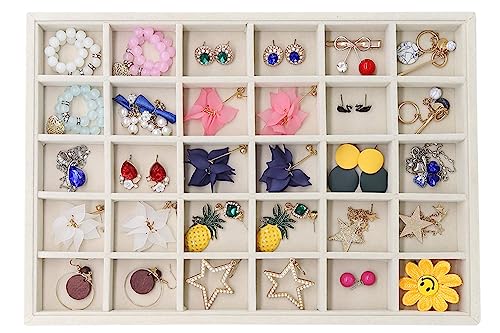 Stratalife 30 Grid Velvet Jewelry Organizer Tray, 13.8" x 9.4" x 1.2" | Stackable Drawer Earring Organizer with Adjustable Dividers, Jewelry Display Tray for Necklace Earring Ring Bracelet, Beige - color: Beige, size: 30
