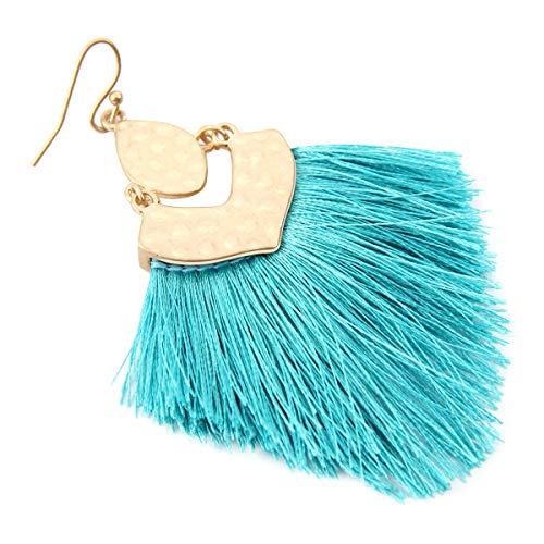 Bohemian Thread Tassel Drop Earrings - Geometric Petal Fan Fringe Feather Statement Chandelier Duster Dangles - color: Boho Tassel Chandelier - Turquoise