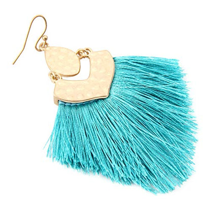 Bohemian Thread Tassel Drop Earrings - Geometric Petal Fan Fringe Feather Statement Chandelier Duster Dangles - color: Boho Tassel Chandelier - Turquoise
