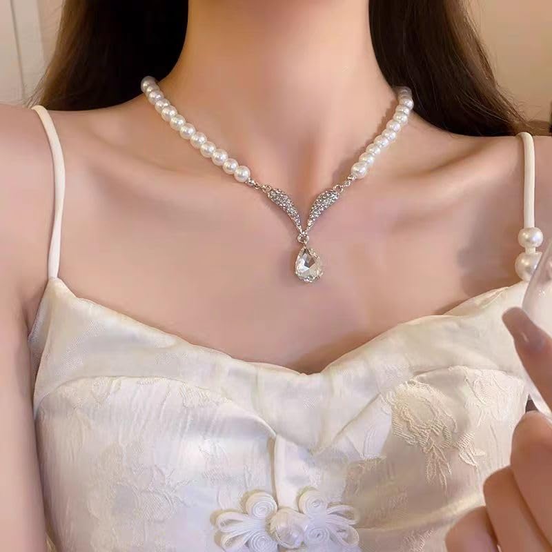 CSIYANJRY99 Pearl Necklace and Earring Set Faux Pearl Jewelry Sets for Women Imitation Beaded Pearl Necklace Bracelet Stud Earrings for Women - color: White Pearl Jewelry Set