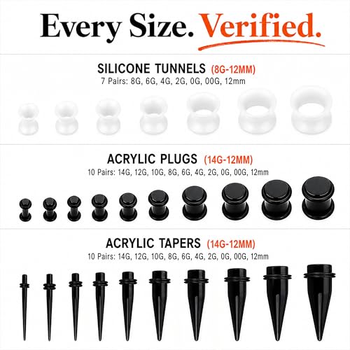 BodyJ4You 54PC Ear Stretching Kit 14G-12mm - Aftercare Jojoba Oil - Acrylic Plugs Gauge Tapers Silicone Tunnels - Lightweight Expanders Men Women - color: Black, White