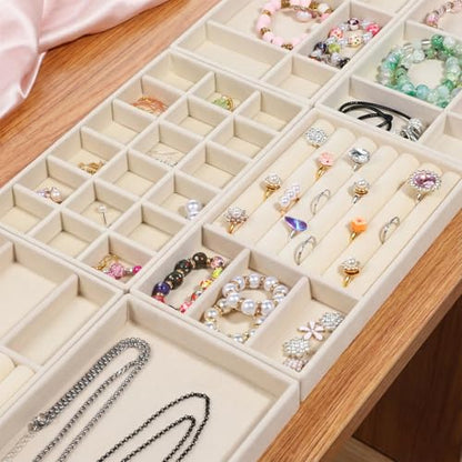 Set of 8 Velvet Jewelry Trays, Stackable Jewelry Organizer | Jewelry Drawer Inserts Divided Display Trays for Earring, Necklace, Ring, Bracelet (4 Styles, Beige)