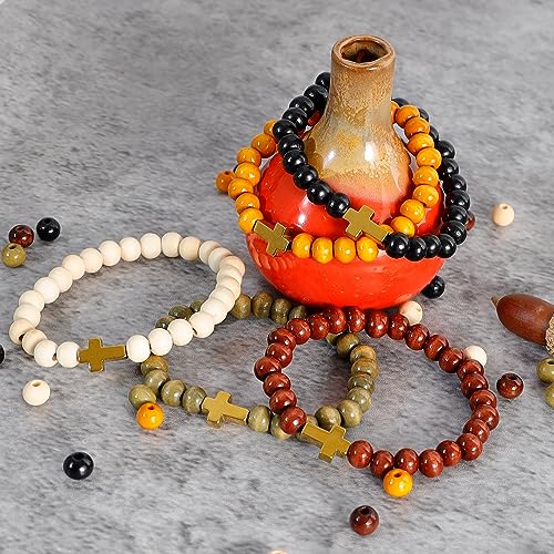 5 Pcs Wooden Beaded Bracelet Bangle for Men and Women Elastic - style: Gold Cross