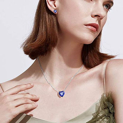 Aurora Tears Hearts Necklace Earrings Jewelry Sets - Women 925 Sterling Silver Birthstone Pendants Earrings Set Crystal Wedding Birthday Jewelry - color: I.September-set