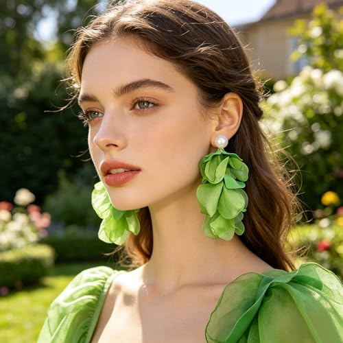 Handmade Bohemian Lightweight Fabric Flower Dangle Drop Earrings Chic Pearl Large Tassel Petal Stud Earrings For Women - color: Green