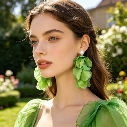 Handmade Bohemian Lightweight Fabric Flower Dangle Drop Earrings Chic Pearl Large Tassel Petal Stud Earrings For Women - color: Green
