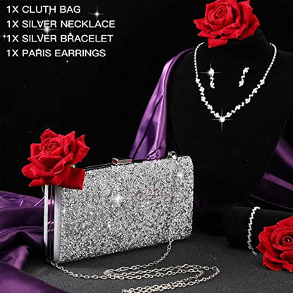 Mixweer 4 Pieces Clutch Purses Bag for Women Evening Rhinestone Jewelry Set Bling Necklace Earrings Bracelets Set for Wedding - style: Simple Style