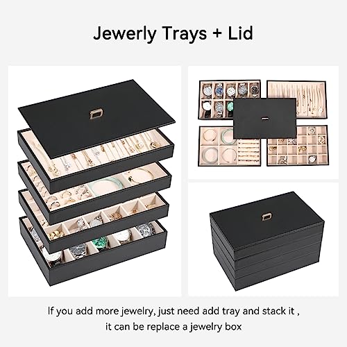 Voova Stackable Jewelry Organizer Tray with Lid (Set of 4, Black) | Stackable PU leather jewelry trays with drawer inserts for earrings, rings, necklaces, bracelets and watches; set of 4 - color: Black