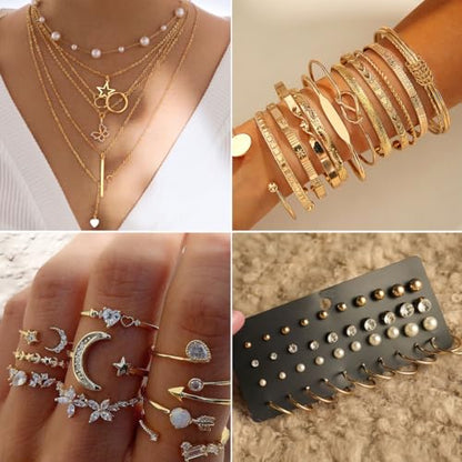 46Pcs Gold Jewelry Set for Women with 5 Necklace, 12 Bracelet, 5 Hoop Earrings, 15 Stud Earrings and 9 Rings Jewelry Set For Gifts for Women. - style: Gold Jewelry Set -K