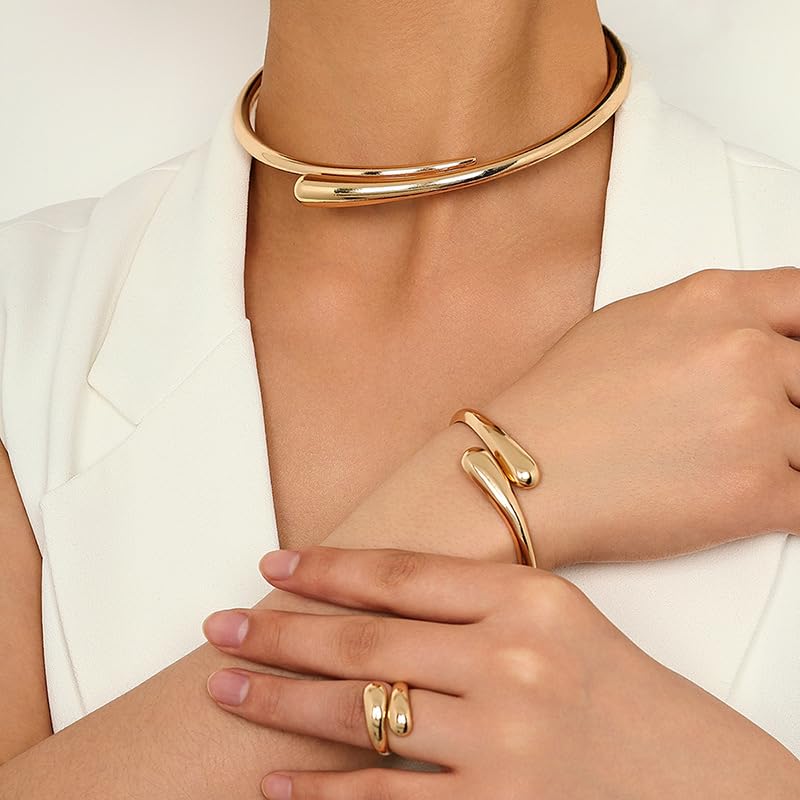 Round Teardrop Necklace Bracelet Ring Jewelry Set Gold Plated Chunky Statement Jewelry Set for Women Simple Elegant Jewelry - color: gold