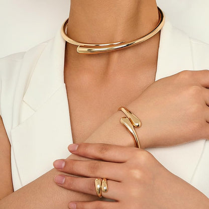 Round Teardrop Necklace Bracelet Ring Jewelry Set Gold Plated Chunky Statement Jewelry Set for Women Simple Elegant Jewelry - color: gold