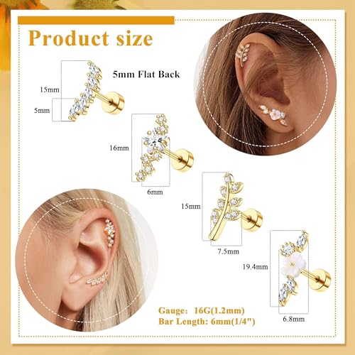 8Pcs Stainless Steel 16G Conch Piercing Jewelry Helix Cartilage Earrings | Flower Opal CZ Stud Earrings Set with Flat Back for Women, 18K Gold Plated, Silver, Rose Gold - color: Gold