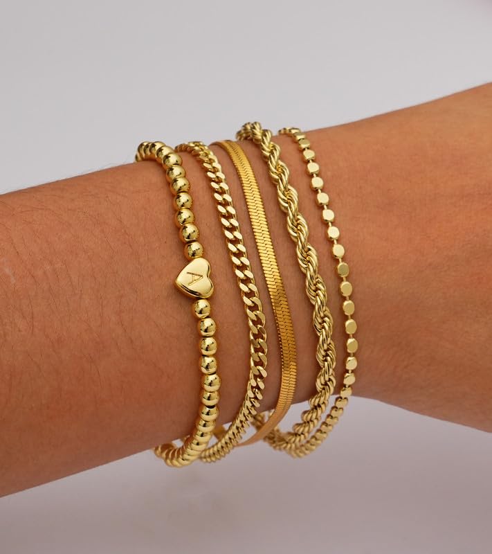 doubgood Gold Bracelets for Women Non Tarnish, Waterproof Gold Bracelet Stack Set with Initial Charm Dainty Layered Chain Heart Jewelry Gifts for Women - color: K - Gold