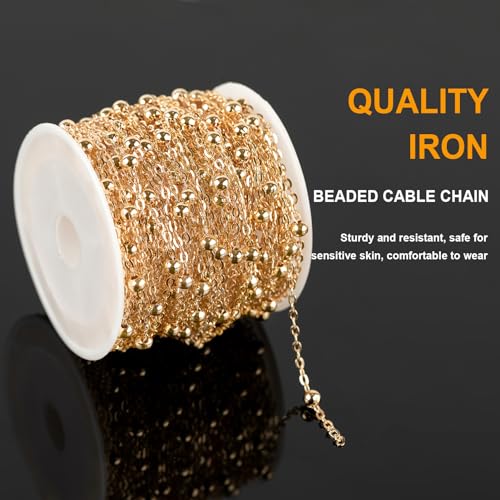 KYUNHOO 32.8 Feet Beaded Jewelry Chain Roll Light Gold Plated Cable Chain Links Soldered Iron Chain on Spool Necklace Making Supplies Thin Chain for Women DIY Craft Jewelry Finding - color: Bead Gold