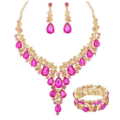 CSY Elegant Crystal Costume Jewelry Sets Flower Bridal Necklace Earrings Stretch Bangle Set for Bride Bridesmaid Wedding Dress Accessories - color: hot pink crystal-gold tone
