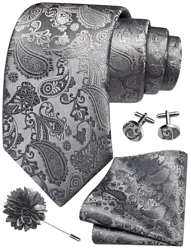 GUSLESON 3.15"（8cm） Mens Paisley Tie and Lapel Pin Necktie Hankerchief Cufflinks Set for Men - color: Dark Grey