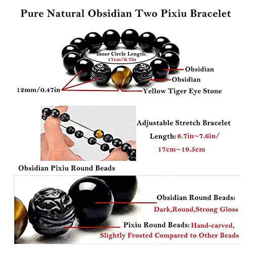 Black Obsidian Bracelet,Feng Shui Black Obsidian Wealth Bracelet for Women Men Couples Handmade Stretch Obsidian Bracelet Bangle with Carved Pixiu Tiger Eye Stone Attract Wealth Money and Good Luck - color: A,12mm,Yellow Tiger Eye