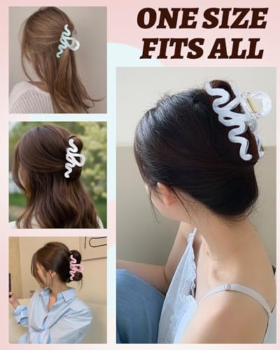 4PCS Large Claw Clips for Thick Hair, Large Acrylic Hair Clips | Modern Marble Geometric Design, Non-Slip Secure Hold for Long Hair, Buns, Updos and Everyday Styling - color: Wave-White + Pink + Blue + Cyan