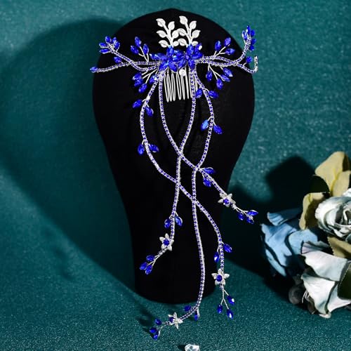JHOO Rhinestone Hair Vine Comb, Bridal Wedding Hair Accessories,Silver Alloy Headpiece for Bridesmaids (Blue) - color: Blue