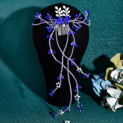 JHOO Rhinestone Hair Vine Comb, Bridal Wedding Hair Accessories,Silver Alloy Headpiece for Bridesmaids (Blue) - color: Blue