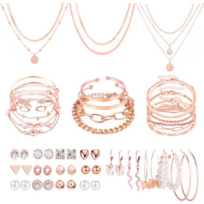 NEWITIN 61 Pieces Rose Gold Jewelry Set for Women Fashion Costume Jewelry | Bohemian Jewelry, Inlaid Cubic Zirconia, Gold Plated Necklace Bracelets Rings Earrings Set for Women Party Daily, Women Gifts - color: Rose Gold
