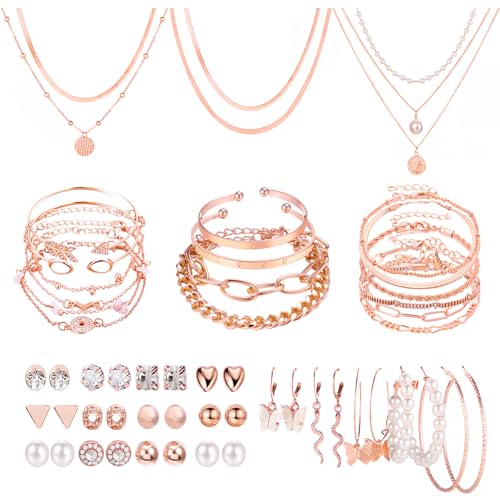 NEWITIN 61 Pieces Rose Gold Jewelry Set for Women Fashion Costume Jewelry | Bohemian Jewelry, Inlaid Cubic Zirconia, Gold Plated Necklace Bracelets Rings Earrings Set for Women Party Daily, Women Gifts - color: Rose Gold