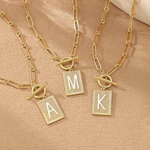 Tewiky Gold Initial Necklaces for Women, Square Letter Pendant Necklace | Toggle Clasp，Trendy 14K Gold Plated Dainty Paperclip Chain Necklaces for Women，Jewelry Gifts - style: Gold J