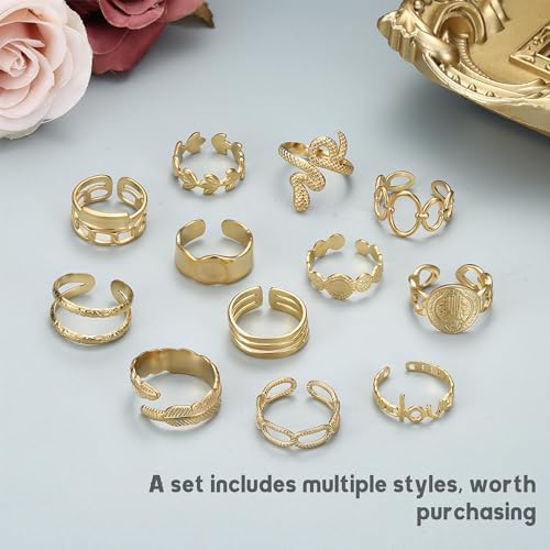 Besteel 18K Gold Plated Rings for Women, Stainless Steel Statement Rings Pack Stacking Boho Midi Rings Adjustable Open Ring Band Twisted Signet Rings Non Tarnish Gold Rings